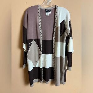 Vintage Rochelle Acrylic Cream and Brown Colorblock Sweater Cardigan Size Small